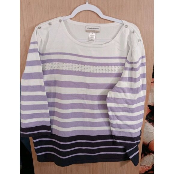 ALFRED DUNNER 2X Pullover Sweater Rhinestones Striped Purple White‎ 3/4 Sleeve - Picture 1 of 6